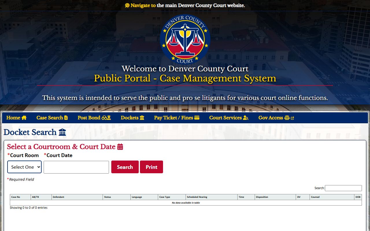Denver County Court Records docket search dropdown