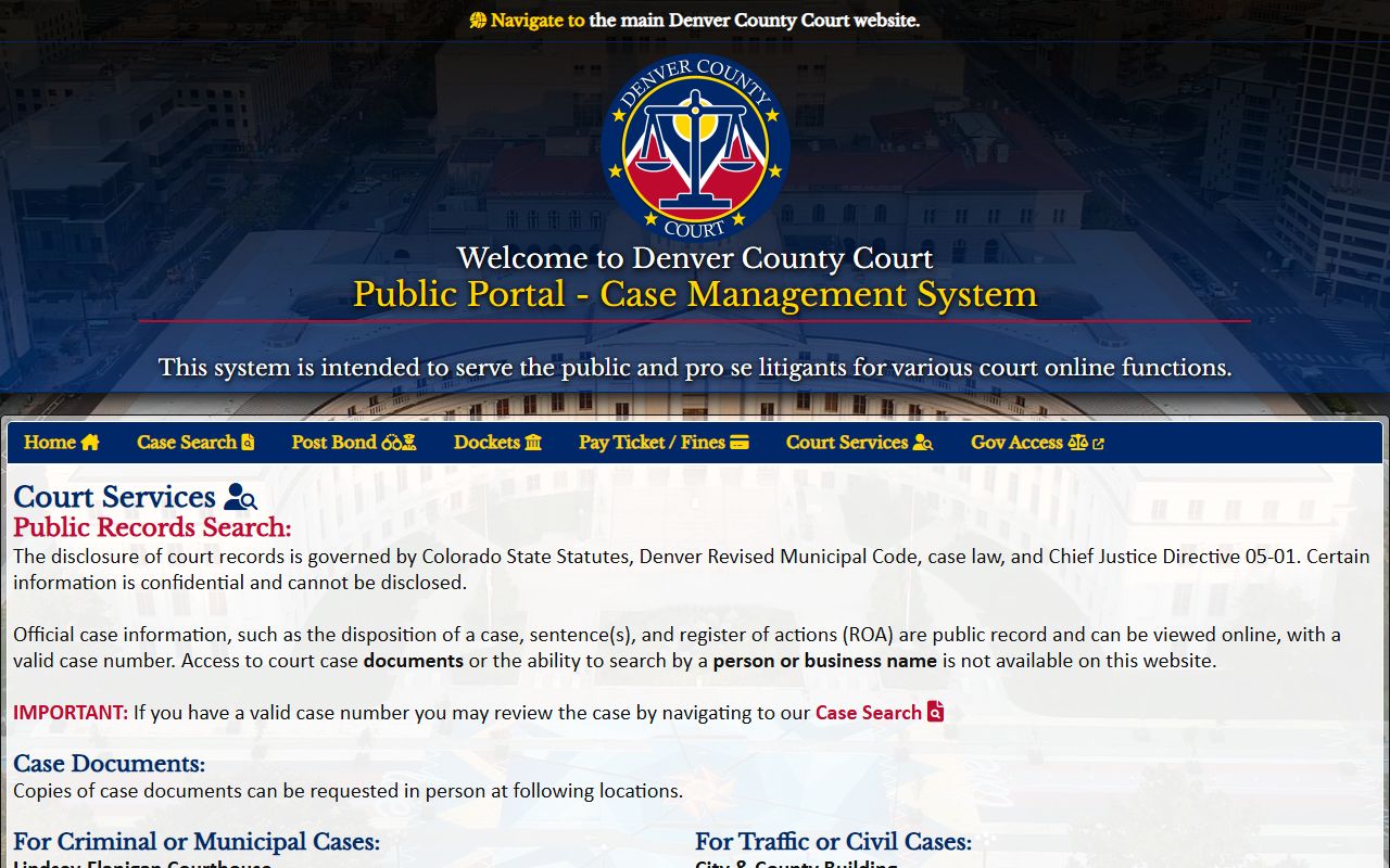 Denver County Court Records public portal services page