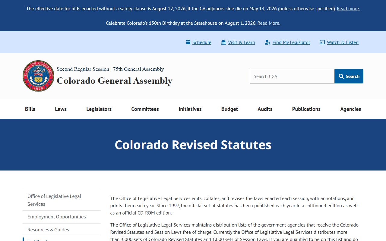 Colorado General Assembly official Colorado Revised Statutes access page