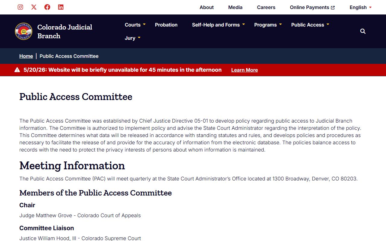 Public Access Committee page with policy role and quarterly meeting info