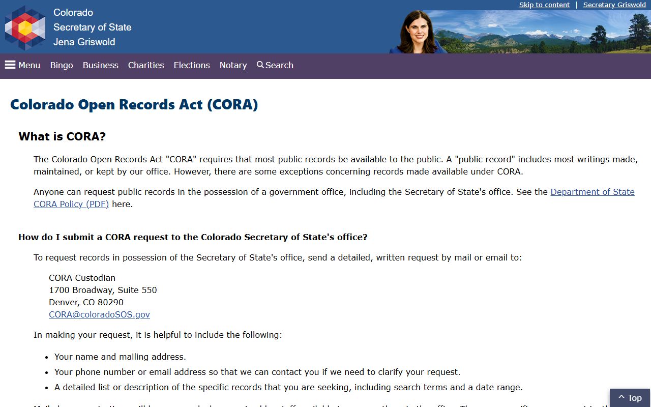 Colorado Secretary of State CORA page explaining Open Records Act access