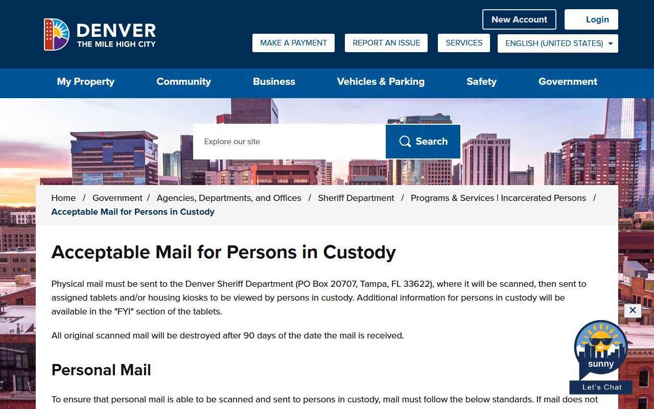 Denver Sheriff Persons in Custody Mail rules page