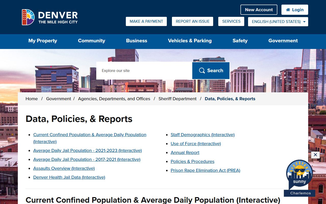 Denver Sheriff Data, Policies and Reports landing page with population links