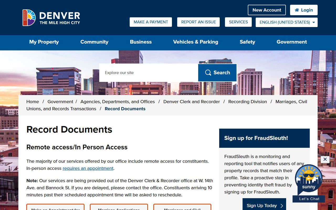 Denver document recording page with fees and submission options