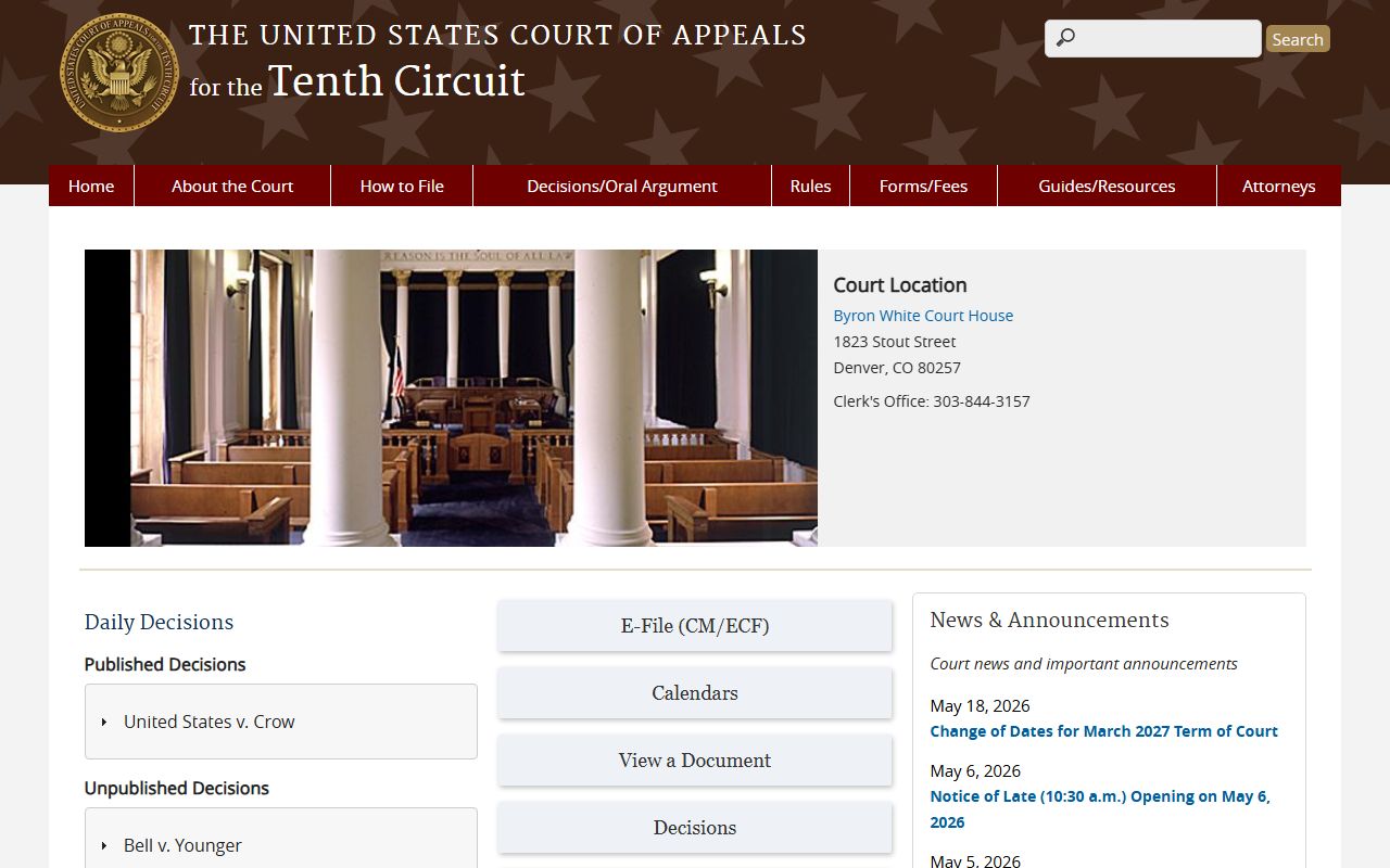 U.S. Court of Appeals for the Tenth Circuit home page screenshot
