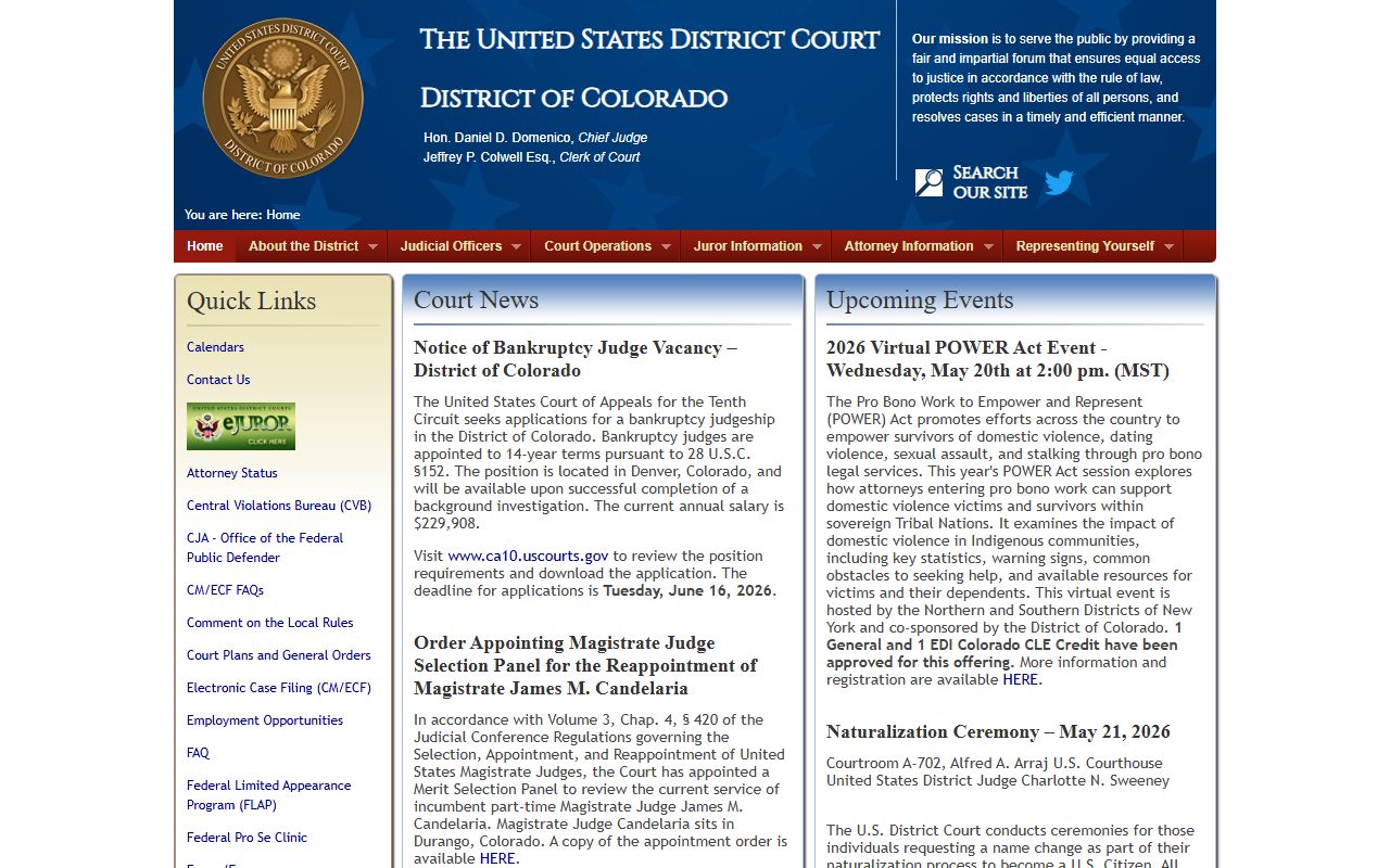 U.S. District Court for the District of Colorado home page screenshot