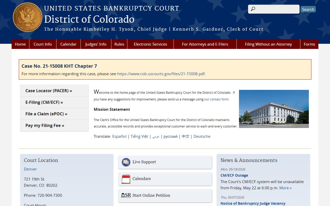 U.S. Bankruptcy Court for the District of Colorado home page screenshot