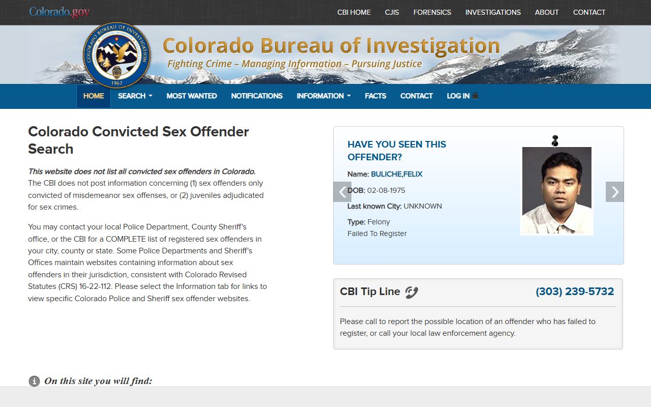 Colorado Sex Offender Registry public search page
